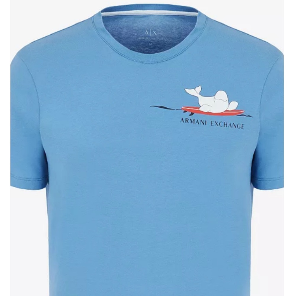 Armani Exchange Surfing Whale Surfboard Light Blue Tee Shirt Med Slim Cut NWOT